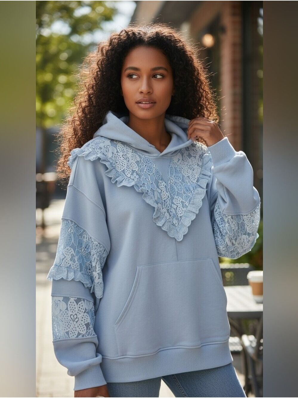 Rawrare Light Blue Lace Trim Hoodie Sweatshirt #HD10